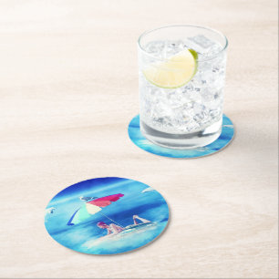 Posavasos Redondo De Papel Chica tropical de veraneo Vacacional color agua