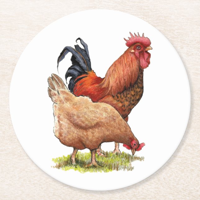Posavasos Redondo De Papel Chicken And Rooster Art, Poultry, Farm Animals (Anverso)