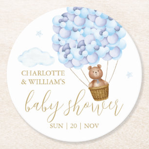 Posavasos Redondo De Papel Chico Globos Azules Oso de Peluche Baby Shower