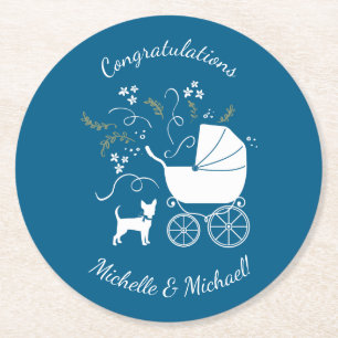 Posavasos Redondo De Papel Chihuahua Baby Shower Blue Boy Dog