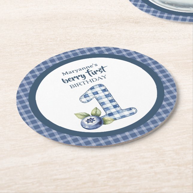 Posavasos Redondo De Papel Child's Blueberry Berry First Birthday (En perspectiva)