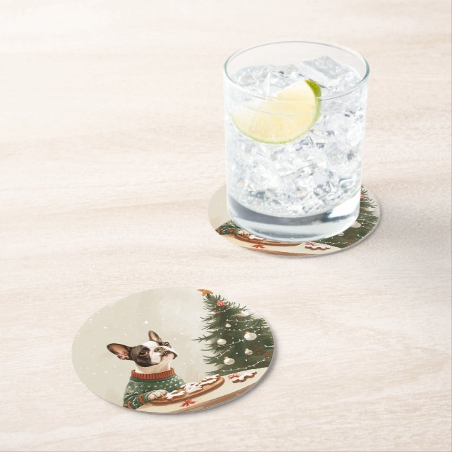 Posavasos Redondo De Papel Christmas Boston Terrier Dog (In situ)