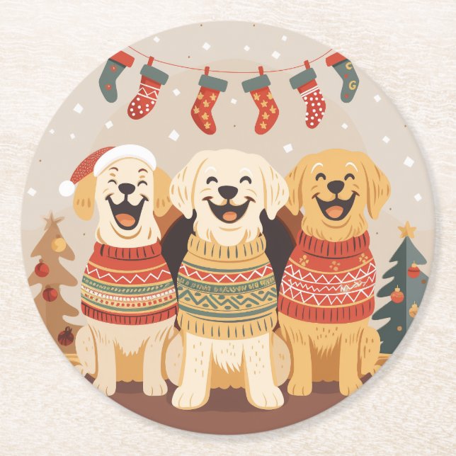 Posavasos Redondo De Papel Christmas Labrador Retriever Dogs (Anverso)
