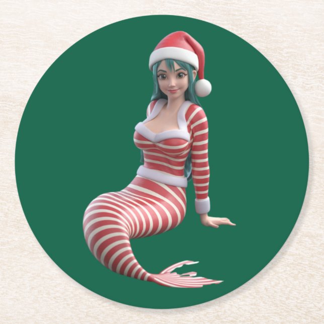 Posavasos Redondo De Papel Christmas Mermaid Holiday Coaster (Anverso)