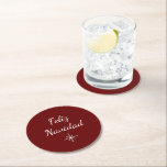 Posavasos Redondo De Papel Christmas Party Feliz Navidad Snowflake Simple Red<br><div class="desc">Christmas party Feliz Navidad red paper coaster,  with a simple snowflake and script typography design. With customizable lettering,  you can add your own text. A festive addition to your holiday celebration.</div>