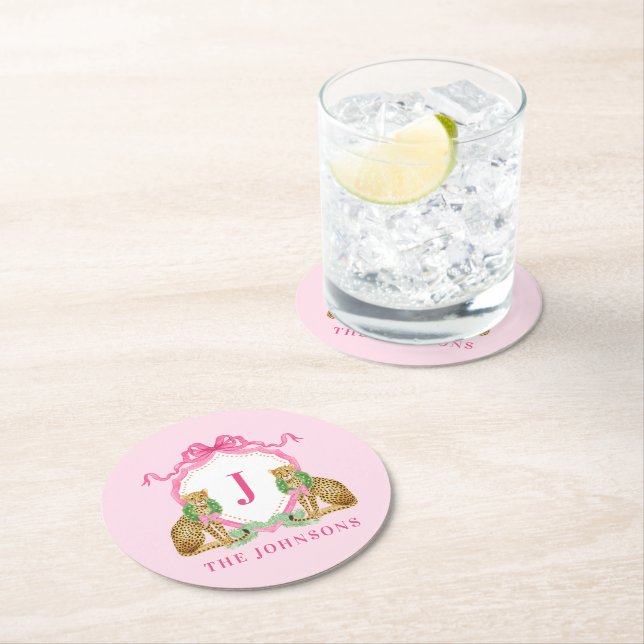 Posavasos Redondo De Papel Christmas Wreath Leopard Crest Monogram  (In situ)