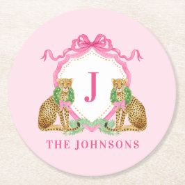 Posavasos Redondo De Papel Christmas Wreath Leopard Crest Monogram 