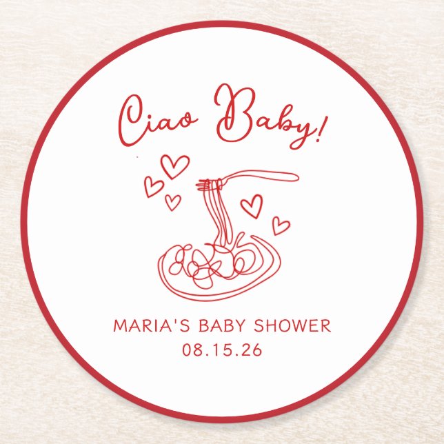 Posavasos Redondo De Papel ¡Ciao Bebé! Baby Shower de pasta italiana dibujada (Anverso)