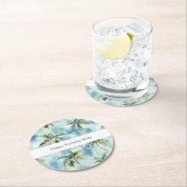 Posavasos Redondo De Papel Cielos Azules Isla Tropical Palmeras Cumpleaños