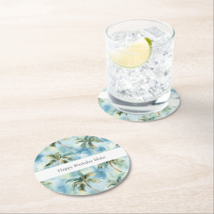 Posavasos Redondo De Papel Cielos Azules Isla Tropical Palmeras Cumpleaños