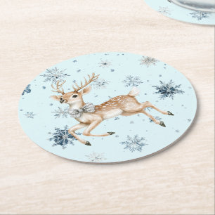 Posavasos Redondo De Papel Ciervo de Navidad con Copos de Nieve Azules con La