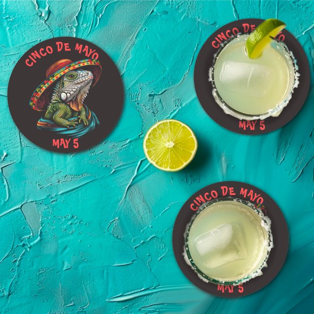 Posavasos Redondo De Papel Cinco de Mayo Iguana con Sombrero y Serape (Subido por el creador)