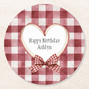 Posavasos Redondo De Papel Cinta Cumpleaños Corazón Blanco Rojo Burgundy