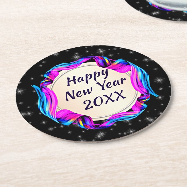 Posavasos Redondo De Papel Cinta pintada en cielo nocturno Feliz Año Nuevo 20 (En perspectiva)