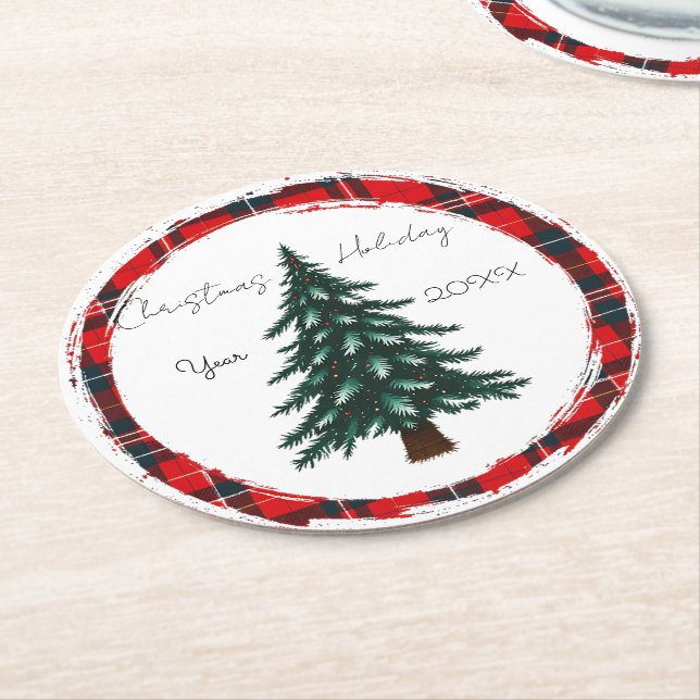 Posavasos Redondo De Papel Circle Plaid Christmas Tree plates. (En perspectiva)