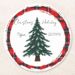 Posavasos Redondo De Papel Circle Plaid Christmas Tree plates.
