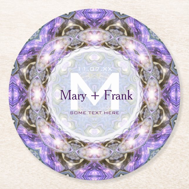 Posavasos Redondo De Papel Círculo de papel ligero morado + blanco Monograma  (Anverso)