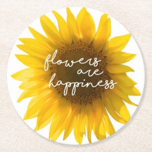 Posavasos Redondo De Papel Cita de girasol "las flores son felicidad"