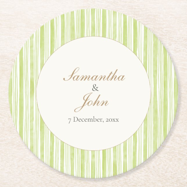 Posavasos Redondo De Papel Citrus Green Striped Couple Name Retro Wedding (Anverso)