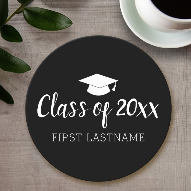 Posavasos Redondo De Papel Clase de año y nombre - El negro puede cambiar el  (Personalized coaster - Graduation Party)