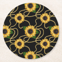 Posavasos Redondo De Papel Clásico amarillo girasol elegante patrón en negro