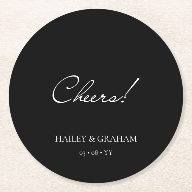 Posavasos Redondo De Papel Clásico guión caligrafía mínima Boda negro (Anverso)