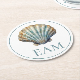 Posavasos Redondo De Papel Coastal Blue Scallop Seashell Monogram
