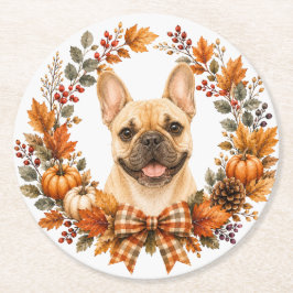Posavasos Redondo De Papel Coaster de Bulldog Francés de Otoño