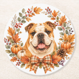 Posavasos Redondo De Papel Coaster de English Bulldog de Otoño