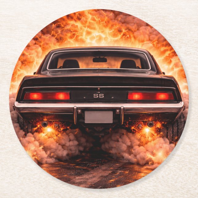 Posavasos Redondo De Papel Coche muscular Inferno Burnout (Anverso)