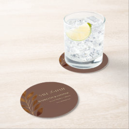 Posavasos Redondo De Papel Coffee Brown Gold Leaf Wedding Save the Date