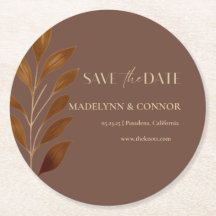 Coffee Brown Gold Leaf Wedding Save the Date
