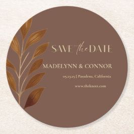 Posavasos Redondo De Papel Coffee Brown Gold Leaf Wedding Save the Date