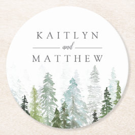 Posavasos Redondo De Papel Colección de Bodas del bosque de pinos acuarela