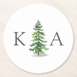 Posavasos Redondo De Papel Colección de Bodas del bosque de pinos acuarela