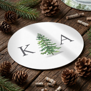 Posavasos Redondo De Papel Colección de Bodas del bosque de pinos acuarela