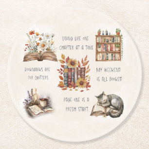 Posavasos Redondo De Papel Collage de amante de libros acogedor