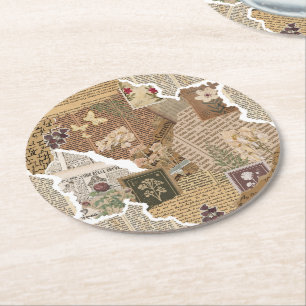 Posavasos Redondo De Papel Collage Floral de Scrapbook Antiguo