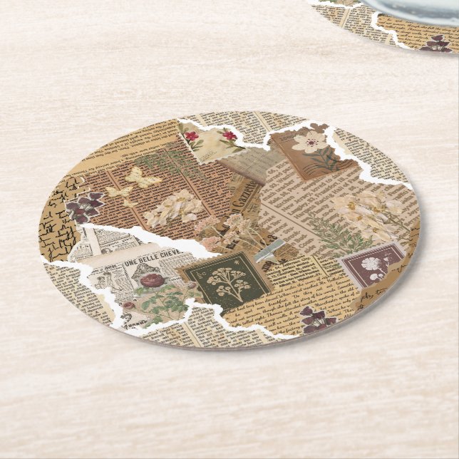 Posavasos Redondo De Papel Collage Floral de Scrapbook Antiguo  (En perspectiva)