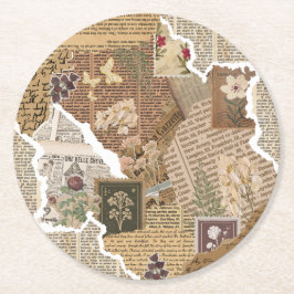 Posavasos Redondo De Papel Collage Floral de Scrapbook Antiguo 