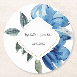 Posavasos Redondo De Papel Color azul índigo moderno Abstract Floral