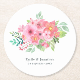 Posavasos Redondo De Papel Color de agua rosada Verdor floral Nombres Boda de