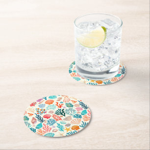 Posavasos Redondo De Papel Colorida concha de coral tropical de verano