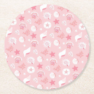 Posavasos Redondo De Papel Conchas de mar y coral rosa pastel sin costuras