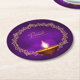 Posavasos Redondo De Papel Concordancia feliz Diwali púrpura