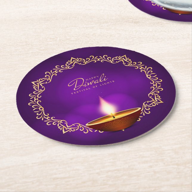 Posavasos Redondo De Papel Concordancia feliz Diwali púrpura (En perspectiva)