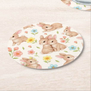 Posavasos Redondo De Papel Conejitos dulces de primavera y patrón de jardín f