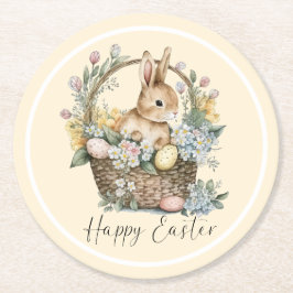 Posavasos Redondo De Papel Conejo amarillo feliz de Pascua