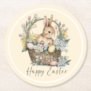 Posavasos Redondo De Papel Conejo amarillo feliz de Pascua