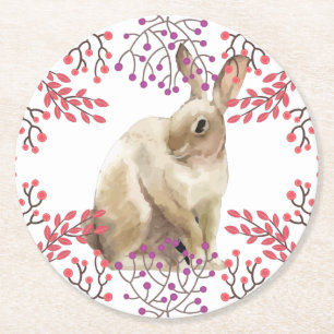 Posavasos Redondo De Papel Conejo de Pascua Purple Flowers